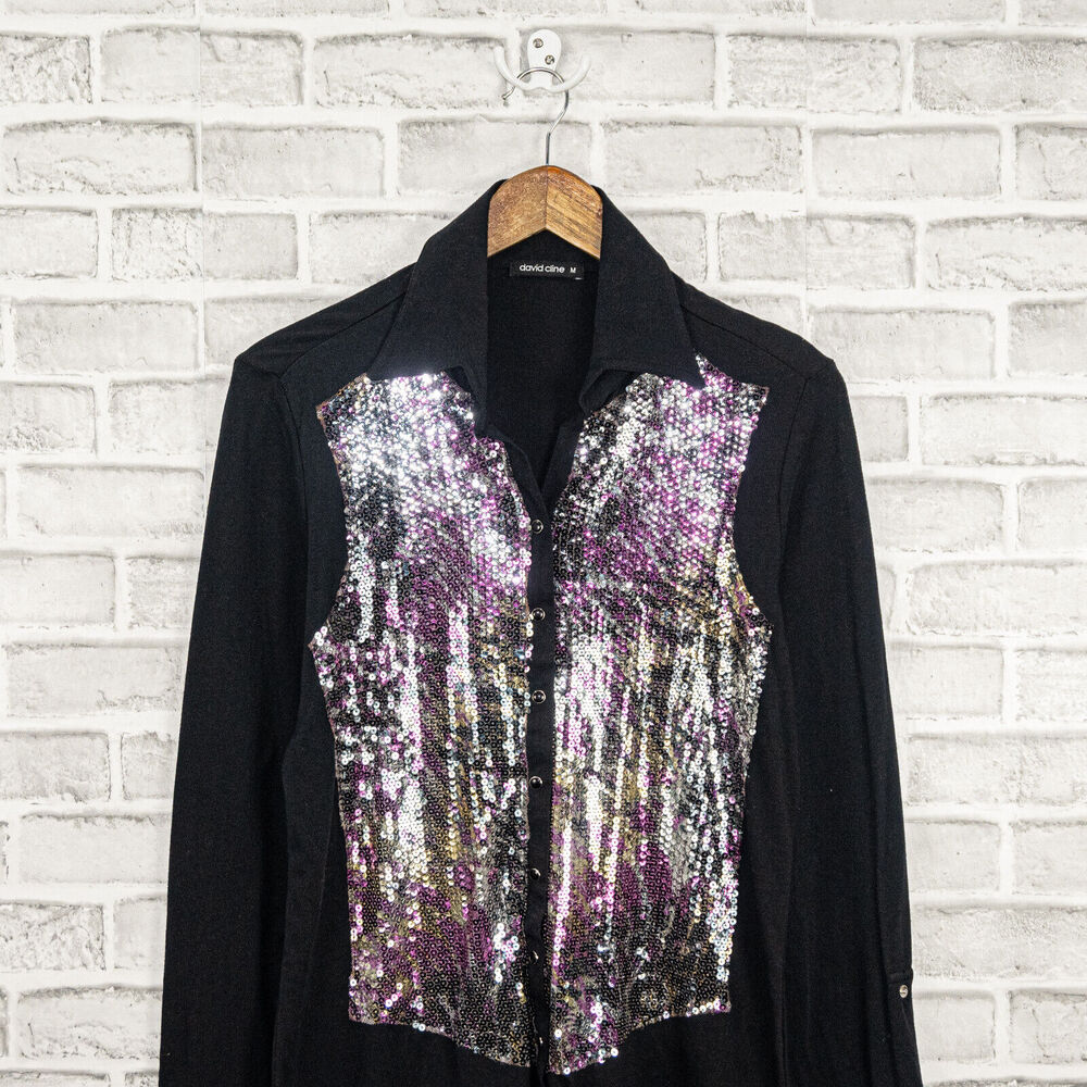 David Cline Sequin Front Button Up Blouse Black S… - image 3